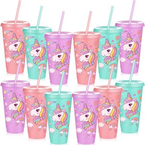 Uiifan 12 Pcs Unicorn Cups Party Favors Goodie Cups Unicorn Birthday Decorations 24 oz Plastic Reusable Tumbler with Lid and Straw Birthday Party Favors Supplies for Girls Boys