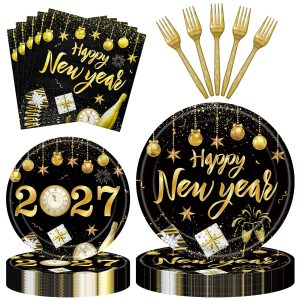 96 Pieces Happy New Year Tableware Set – Black and Gold 2027 Disposable Plates, Napkins, and Forks with Fireworks and Champagne Designs for New Year’s Eve Dinners and Celebrations – Serves 24