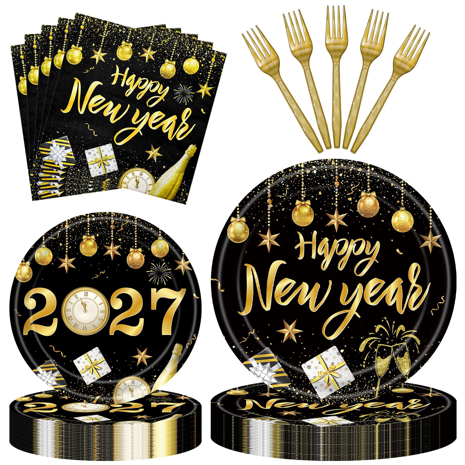 96 Pieces Happy New Year Tableware Set – Black and Gold 2027 Disposable Plates, Napkins, and Forks with Fireworks and Champagne Designs for New Year’s Eve Dinners and Celebrations – Serves 24