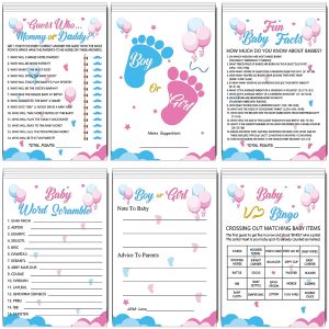 Mecholey 75Pcs Gender Reveal Games for Guests, 6 Funny Games for Boy or Girl Gender Reveal Decorations Idea Baby Prediction Cards, Mommy Or Daddy