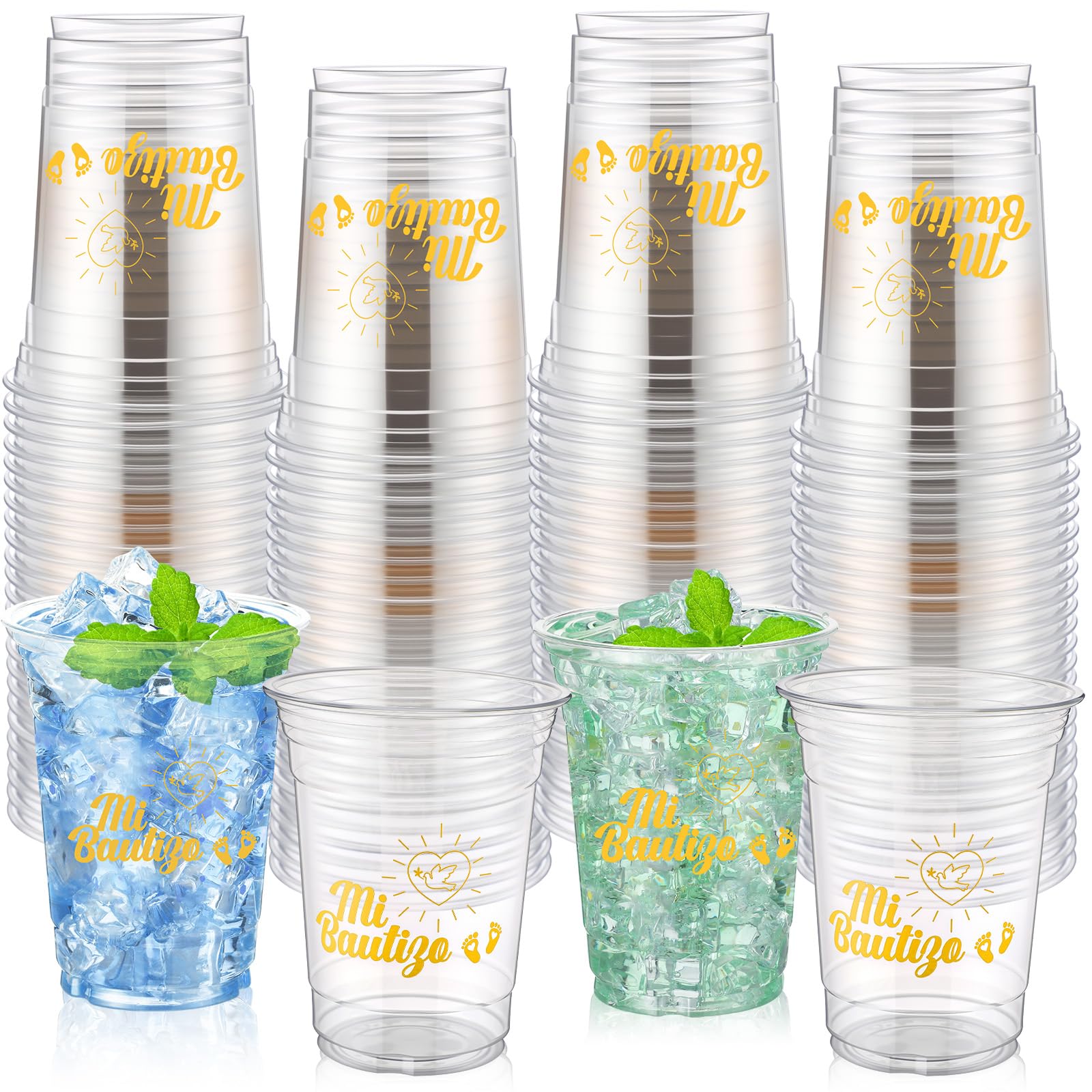 Tiangrid 100 Pcs Spanish Baptism Plastic Cups 16 oz Gold Dove Mi Bautizo Cups for Spanish Baptism Decorations, Easter First Communion & Hispanic Baby Shower Party Supplies