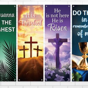 4Pcs Easter Church Banners for Sanctuary Wall Welcome Religious Banners Hanging Backdrop Easter Porch Signs Bible Verses Banner Scripture Hanging Signs for Church School Decor