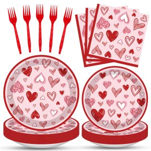 100 Pcs Valentine’s Day Heart Tableware Party Supplies Set, Serves 25 – Disposable Pink & Red Heart Paper Plates, Napkins, and Forks for Romantic Dinner, Bridal Shower, Love-Themed Party Decorations