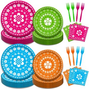 KEPEEL Fiesta Plates and Napkins Set, Papel Picado, Serves 50