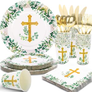 joy akkess 175 PCS Baptism Plates and Napkins Party Supplies - Baptism Decorations for Boys - God Bless Disposable Paper Plate First Communion Plates for Christening Baby Shower Party Decorations