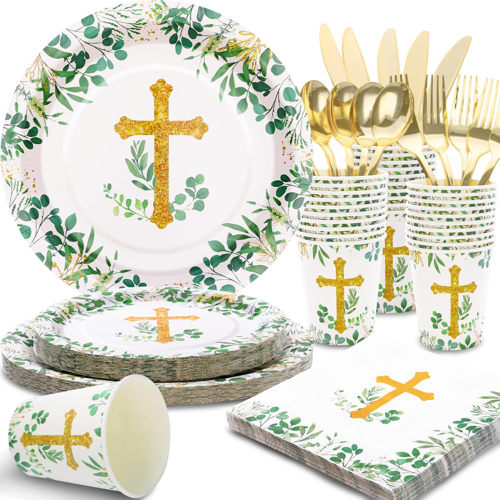 joy akkess 175 PCS Baptism Plates and Napkins Party Supplies - Baptism Decorations for Boys - God Bless Disposable Paper Plate First Communion Plates for Christening Baby Shower Party Decorations