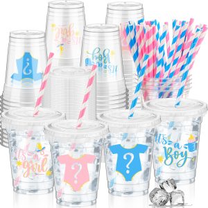 FoldTier 50 Pcs Gender Reveal Cup with Lid, 12 oz