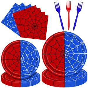 100 Pieces Halloween Spider Web Party Tableware Set – Red Blue Web Plates, Napkins and Forks, Disposable Dinnerware for Boys Birthday and Halloween Party Supplies