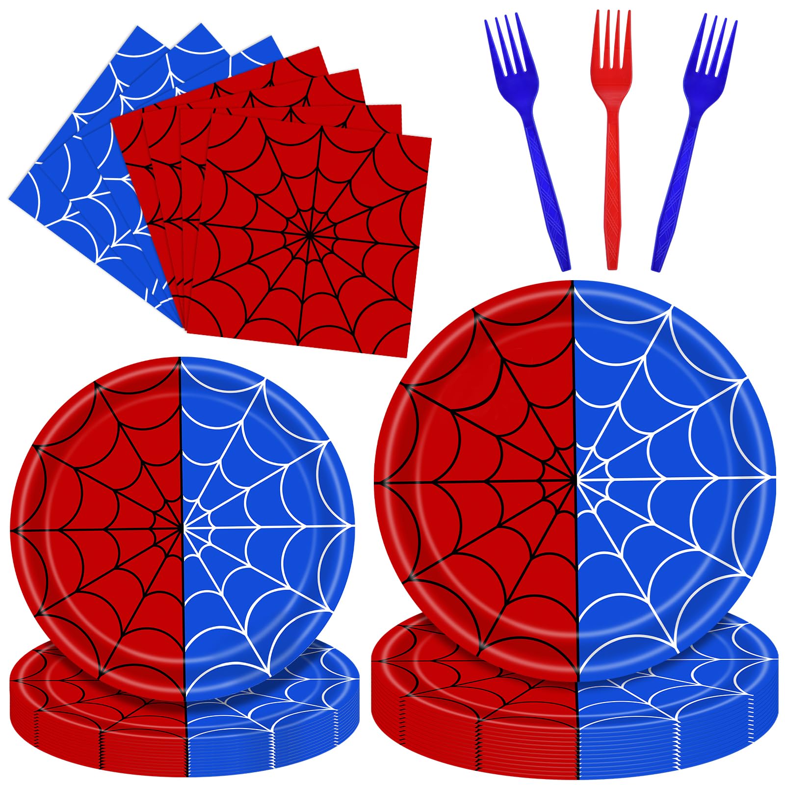100 Pieces Halloween Spider Web Party Tableware Set – Red Blue Web Plates, Napkins and Forks, Disposable Dinnerware for Boys Birthday and Halloween Party Supplies