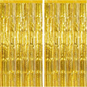 2 Pack Gold Backdrop Birthday Decorations Foil Curtain Backdrop Gold Streamers Dance Party Decorations Photo Booth Props for Bachelorette Decorations Christmas Halloween New Years Eve Party Supplies