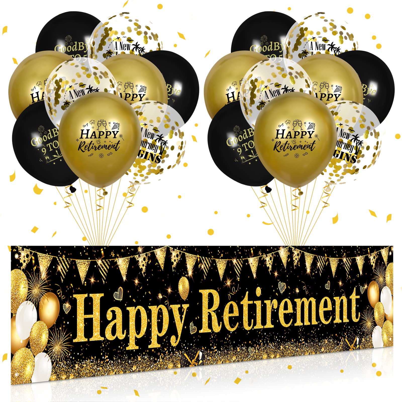 Retirement Party Decorations Black Gold Happy Retirement Banner and 18pcs Balloons for Men and Women Large Black Gold Retire Yard Sign for Party Supplies