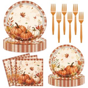 Jhfinely 96 Pieces Fall Pumpkin Plates and Napkins, Autumn Maple Leaf Thanksgiving Disposable Tableware with Paper Plates Napkins and Forks for Fall Harvest Thanksgiving Party Decorations - Serves 24
