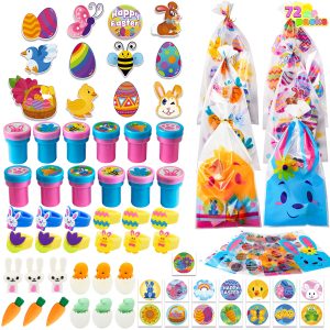 JOYIN 72 Pcs Easter Party Favors Set, 12 Packs Assorted Goody Bags with Rings/Sticker, Foam Stickers, Stampers for Kids Gift, Easter Egg Hunt, Basket Stuffers