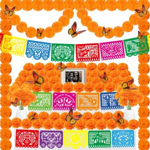 94Pcs Day of The Dead Decorations Set,18 Mexican Party Banners Papel Picado, 2 Artificial Marigold Garland, 50 Marigold Flowers with Stem, 24 Butterfly for Dia De Los Muertos Indian Diwali Altar Decor