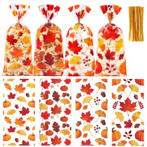 Soarvita 50 Pcs Fall Cellophane Treat Bags, 5 x 11 Inch Clear Goodie Bags with Twist Ties, Maple Leaf & Pumpkin Design, Plastic Candy Gift Bags for Kids, Cookies, Candy,Harvest, & Fall Party Supplies