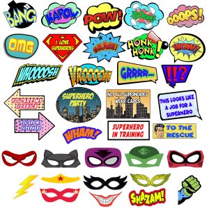 Superhero Photo Booth Props – Comic Superhero Party Decorations Set – 35 Colorful Superhero Props, Signs and Mask for Birthday Decor, Wedding, Bachelorette Party by Scapa Pro