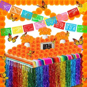 96Pcs Day of The Dead Decorations Set,18 Mexican Party Banners Papel Picado, 2 Marigold Garland, 50 Marigold Flowers, Table Skirt, Table Runner, 24 Butterfly for Dia De Los Muertos Diwali Altar Decor