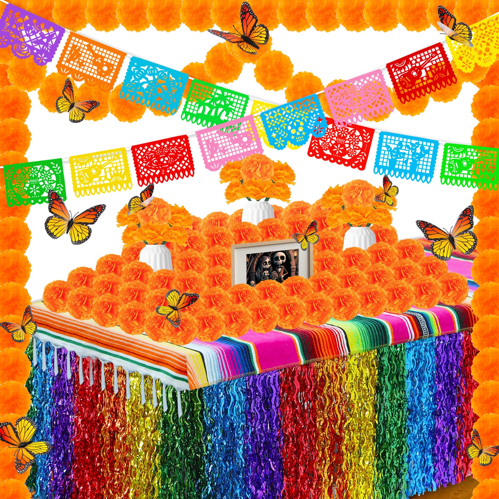 96Pcs Day of The Dead Decorations Set,18 Mexican Party Banners Papel Picado, 2 Marigold Garland, 50 Marigold Flowers, Table Skirt, Table Runner, 24 Butterfly for Dia De Los Muertos Diwali Altar Decor