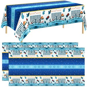 durony 2 Pieces Happy Hanukkah Tablecloth, Blue and White