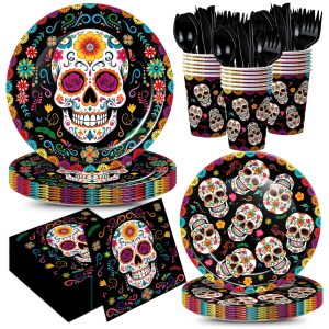 XIENBLOC 168pcs Day of the Dead Party Supplies Plates Napkins Dia de Los Muertos Tableware Set Sugar Skull Paper Plates Black Forks for Day of the Dead Party Decoration Serve 24
