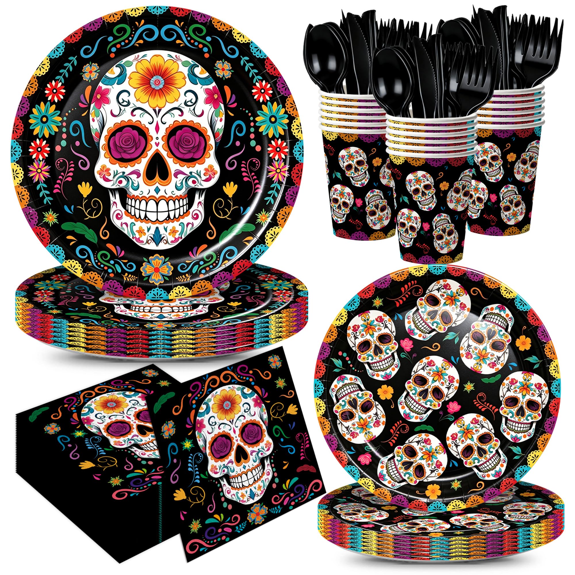 XIENBLOC 168pcs Day of the Dead Party Supplies Plates Napkins Dia de Los Muertos Tableware Set Sugar Skull Paper Plates Black Forks for Day of the Dead Party Decoration Serve 24