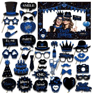 38 Pcs Birthday Photo Booth Props Kit with Frame, Happy Birthday Party Favors Supplies Bday Party Decorations Set for Girls Women Really Glitter Selfie Paper Party Supplies (Blue)
