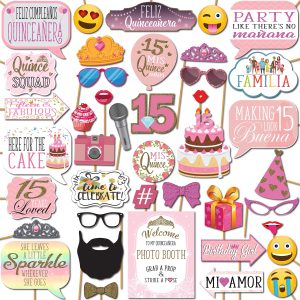 Quinceanera Photo Booth Props - 41-pc Photobooth Kit with 8 x 10-Inch Sign, 60 Adhesive Pads, 45 Sticks - Sweet 15 Photo Booth Props - Decoracion para 15 Años Quinceañeras
