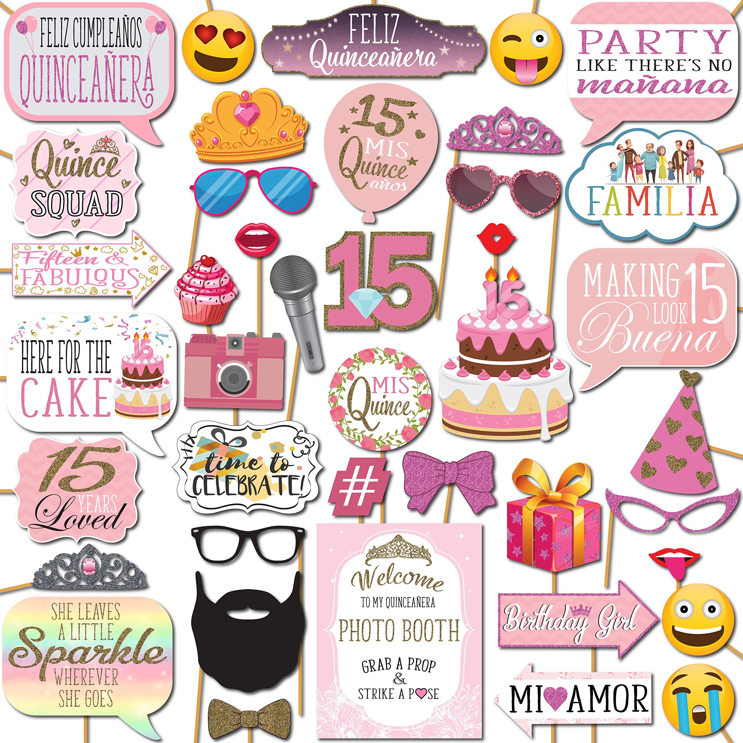 Quinceanera Photo Booth Props - 41-pc Photobooth Kit with 8 x 10-Inch Sign, 60 Adhesive Pads, 45 Sticks - Sweet 15 Photo Booth Props - Decoracion para 15 Años Quinceañeras