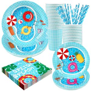 Recheel Pool Party Decorations Plates Set, Summer Pool Party Supplies