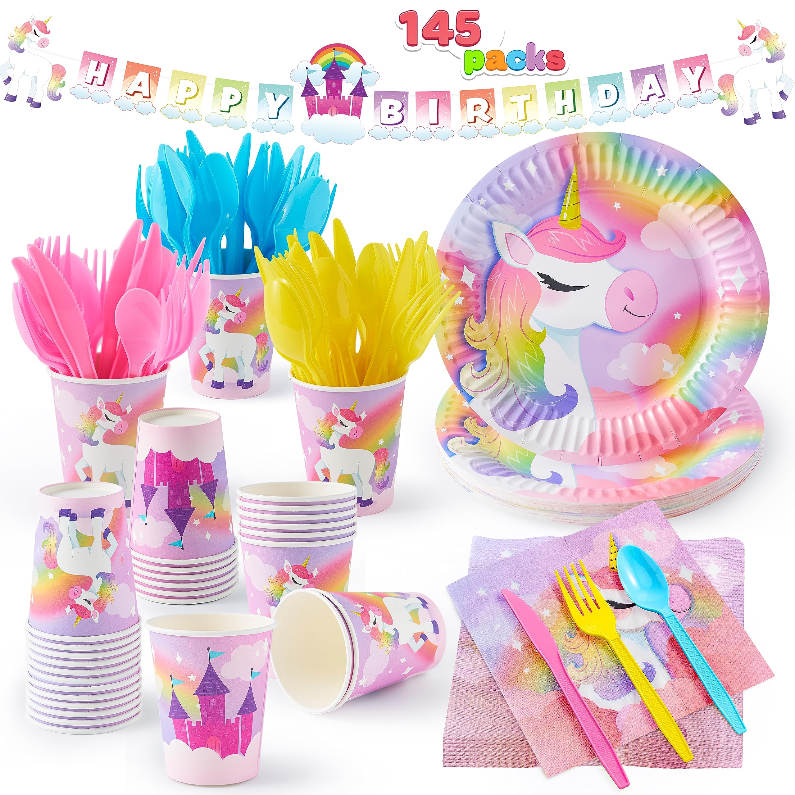 JOYIN 145 Pcs Unicorn Birthday Party Supplies with Unicorn Banner for Girls, 24 Serves Unicorn Disposable Tableware Set with Plates , Cups, Napkins, and Cutlery Sets for Unicorn Themes Party Kids