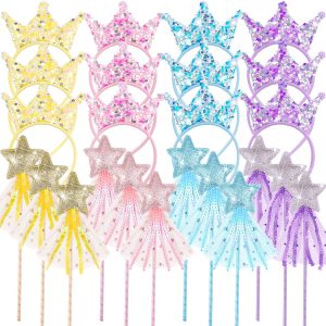 Hollowfly 12 Pcs Princess Party Favors Glitter Wands Crown Headbands