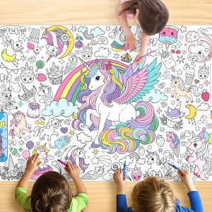 JOYGATHER Unicorn Coloring Tablecloth for Kids, Magical 30x72 Inch Poster with Unicorns, Rainbows, Perfect for Girls Birthday Party Games, Fantasy Decorations, Classroom Activities, Event Supplies