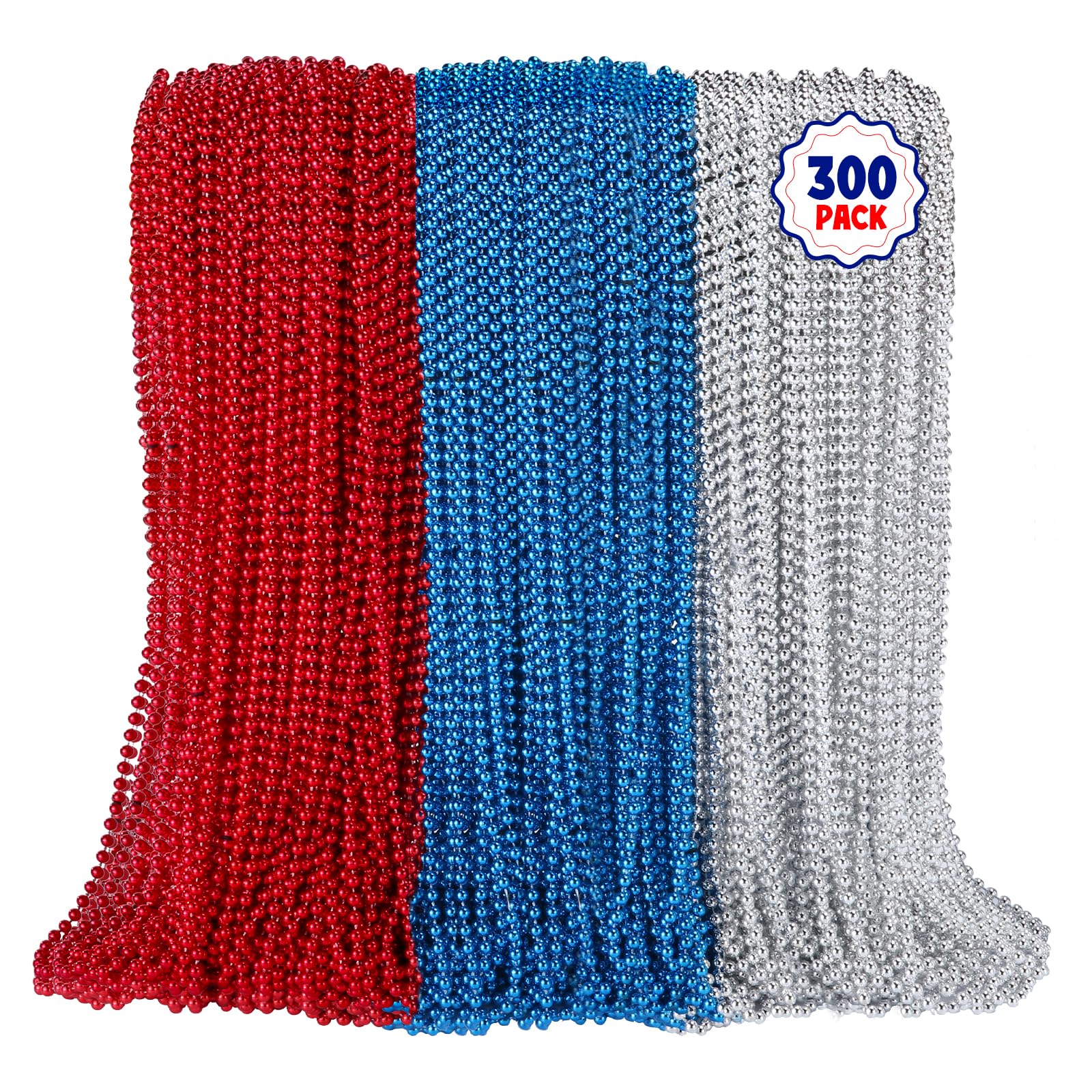 skaqwuan 300PCS 4th of July Accessories Patriotic Bead Necklaces, 33inch Red Blue Silver Necklaces Bulk, 4th of July Decorations for Parade Party Favors Veterans Day