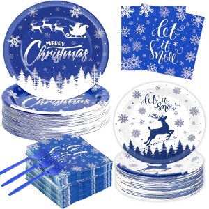 200Pcs Christmas Paper Plates Napkins,Blue Merry Dinner Party Tableware