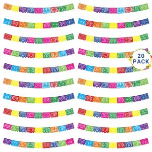 20 Pack Cinco De Mayo Banner, 360 FT Fiesta Banner Mexican Party Decorations Plastic Papel Picado Double Side Indoor Outdoor Home Yard String Flags Dia De Los Muertos Day of the Dead Hanging Decor