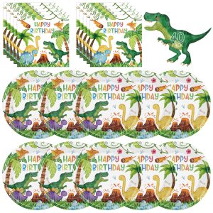 40 Pcs Dinosaur Plates and Napkins Sets - Happy Birthday Dino Party Supplies Tableware, Watercolor Disposable Paper Plates Napkins Kit for Dinosaur Birthday Party Decorations Table Decor, Serves 20