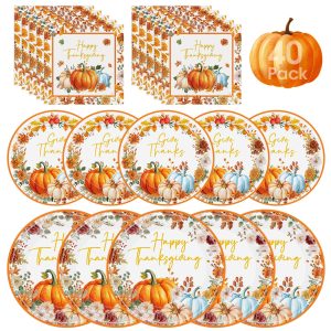 40 Pcs Happy Thanksgiving Paper Plates and Napkins Sets - Disposable Fall Thanksgiving Party Plates Napkins, Maple Leaf Pumpkin Watercolor Tableware for Thanks Giving Party Supplies Table Decorations