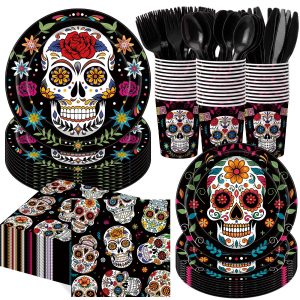 400 Pcs Day of the Dead Party Supplies, Sugar Skull Plates and Napkins Set