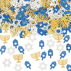 Whaline 300 Pcs Hanukkah Table Confetti Menorah Star Dreidel Shaped Glitter Confetti Blue Gold Silver Table Centerpiece For Chanukah Party Decoration