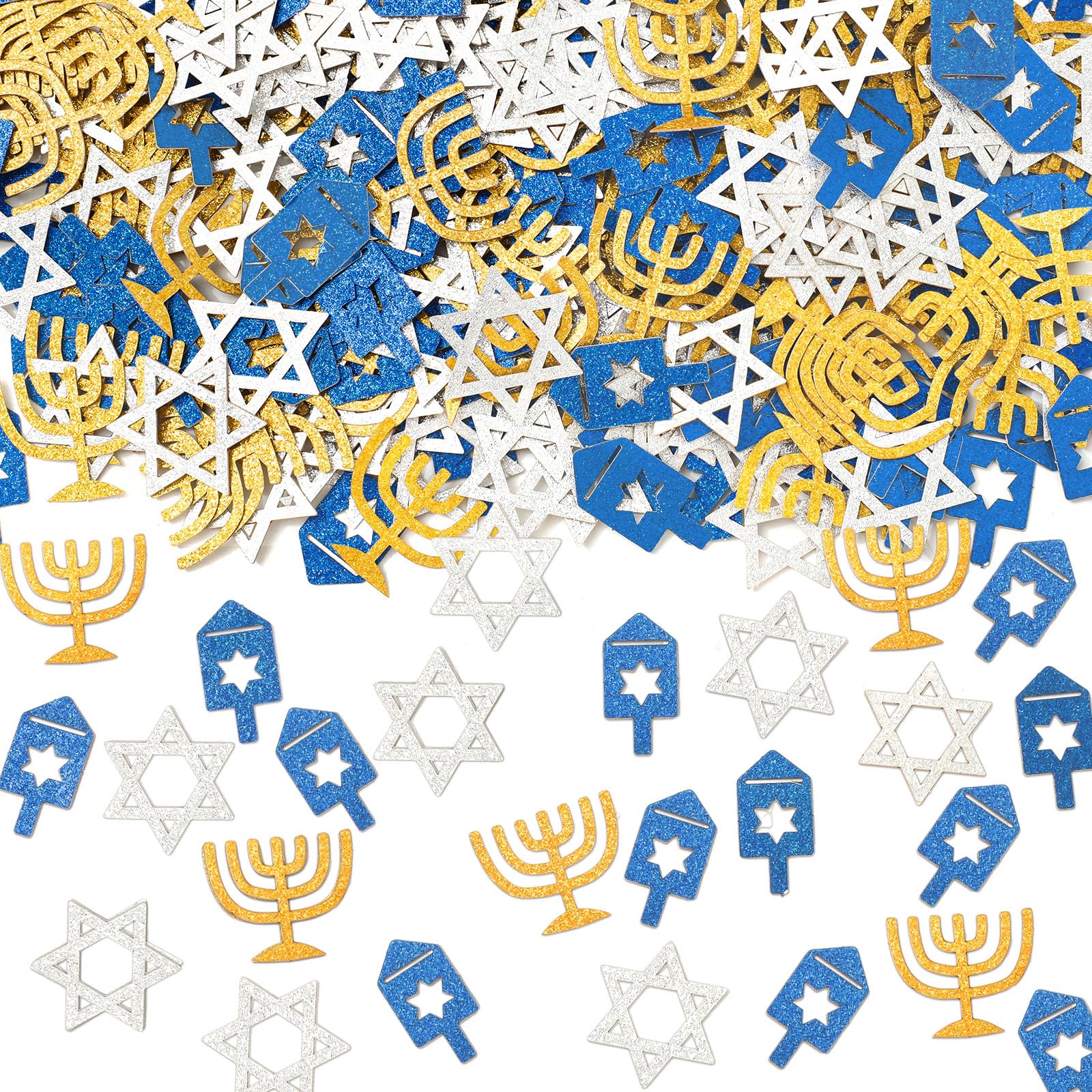 Whaline 300 Pcs Hanukkah Table Confetti Menorah Star Dreidel Shaped Glitter Confetti Blue Gold Silver Table Centerpiece For Chanukah Party Decoration
