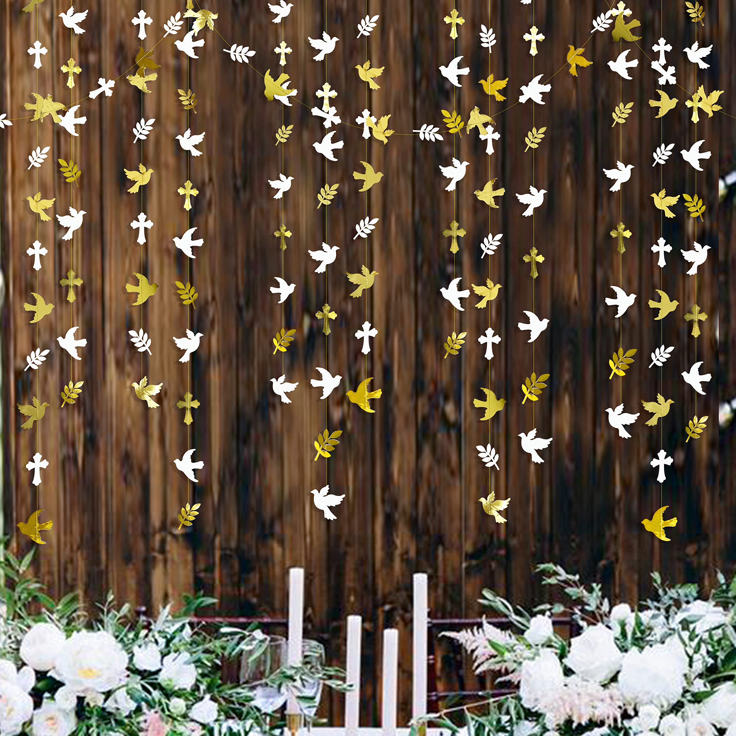 40Ft Gold and White Peace Doves Olive Leaf Cross Paper Garland Streamer for Spring Wedding Bridal Shower Birthday Engagement First Holy Communion Religious Christian Baptism Tea Party Decorations