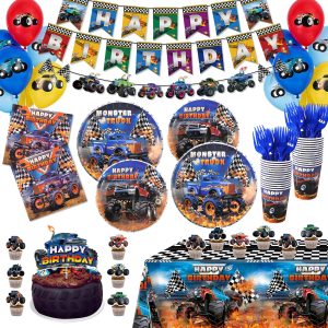 Monster Truck Birthday Party Decorations Tableware, Machines Jam Birthday Party Supplies Serve 24 with Balloons Plates and Napkins for Boys