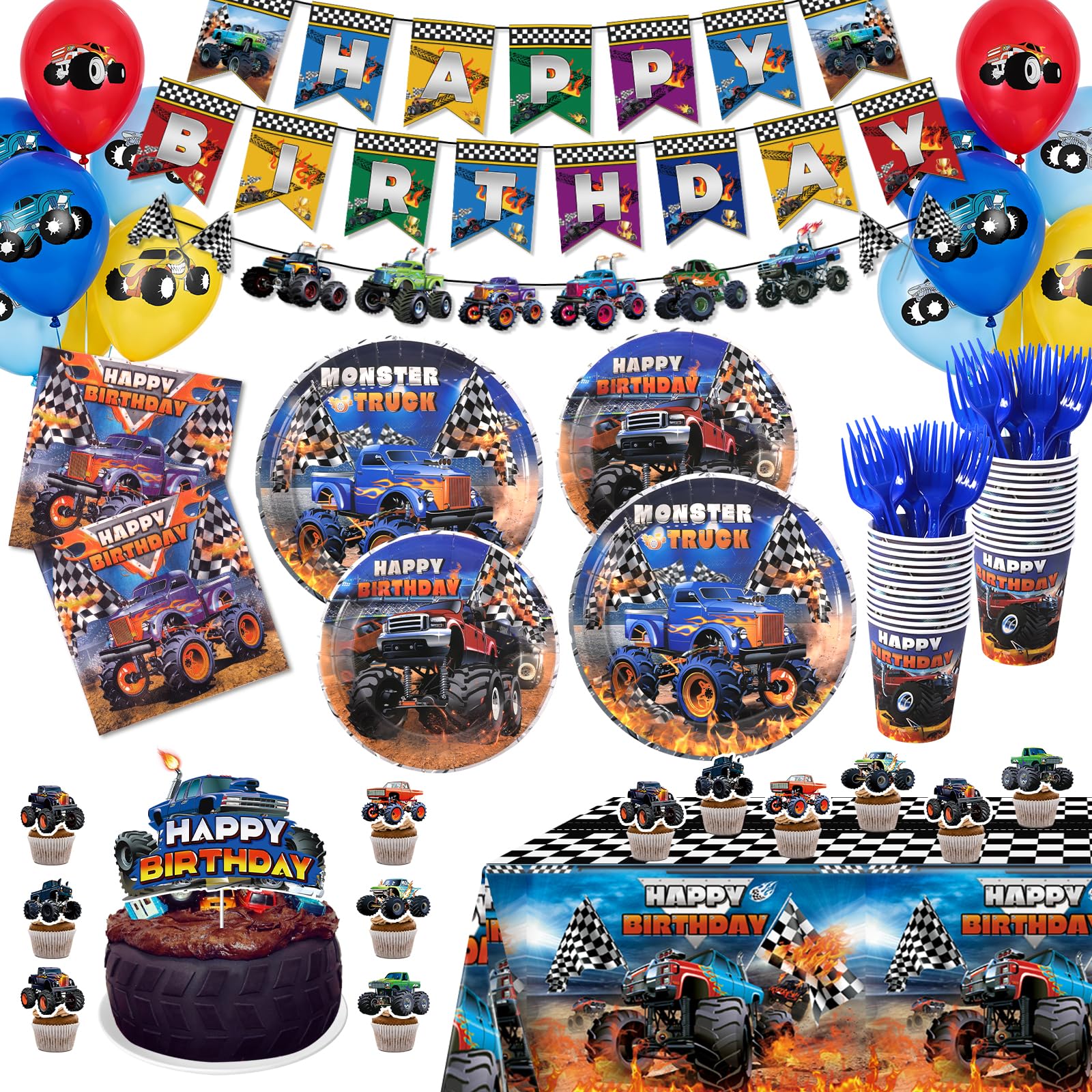 Monster Truck Birthday Party Decorations Tableware, Machines Jam Birthday Party Supplies Serve 24 with Balloons Plates and Napkins for Boys