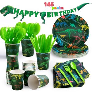 JOYIN 145 Piece Dinosaur Birthday Party Supplies with Banner, 24 Serves Dinosaur Disposable Tableware Set with Plates, Cups, Napkins, and Cutlery Sets for Dinosaur Themes Party Kids Years