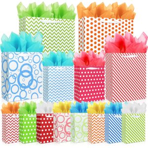 MUMULULU 28 PCS Assorted Sizes Gift Bags 14 Gift Bags 4 Sizes 14 Tissue Papers 7 Color Bulk Perfect for Birthday Weddings Partie and Holidays and Multiple Colors Available