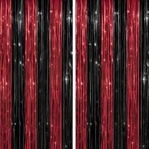 DECOCKRAT 2 Pack Foil Fringe Backdrop - Red&Black Shiny Tinsel Curtains for Party Decoration/Photo Booth Props - 3.3x6.6 FT Metallic Foil Backdrop for Birthday, Wedding, Graduation, Christmas.