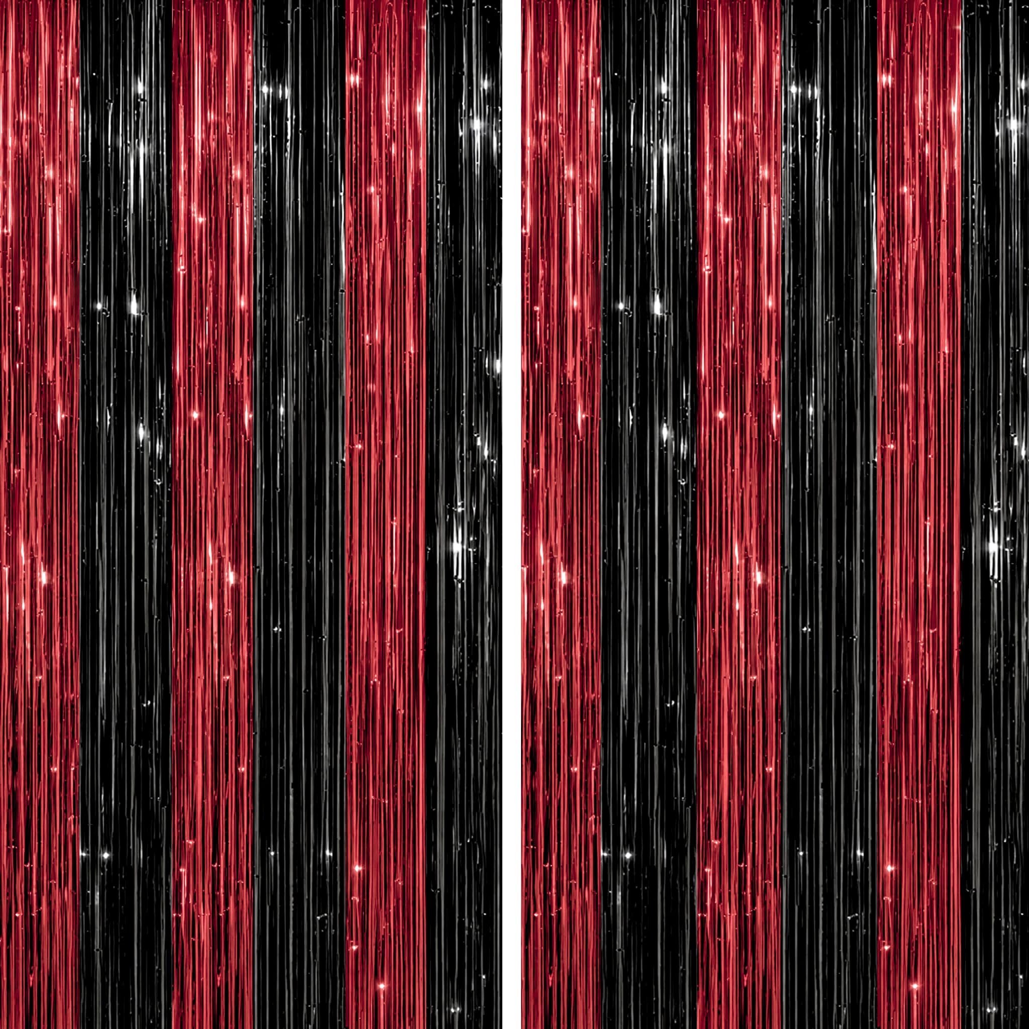 DECOCKRAT 2 Pack Foil Fringe Backdrop - Red&Black Shiny Tinsel Curtains for Party Decoration/Photo Booth Props - 3.3x6.6 FT Metallic Foil Backdrop for Birthday, Wedding, Graduation, Christmas.