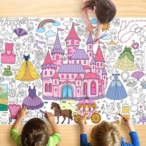 JOYGATHER Princess Coloring Tablecloth for Kids, Giant 30x72 Inch Poster with Castles, Crowns, Fairy Tale Icons, Perfect for Girls Princess Party Games, Royal Decorations, Celebration Supplies
