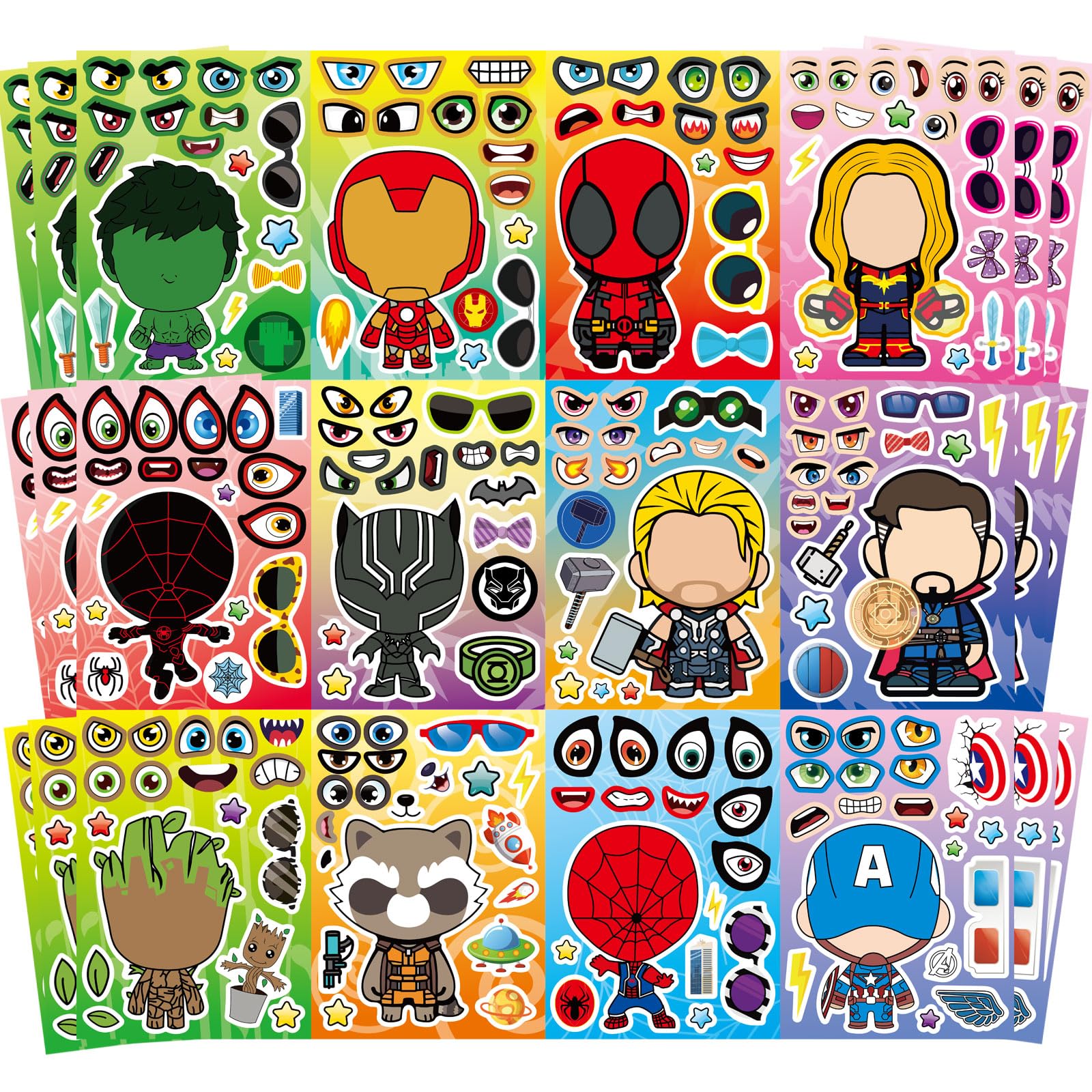 36 Pieces Make-a-face Stickers Pack, Heroes Make Your Own Stickers, Mixed & Matched with 12 Designed Characters(3 of Each) for Party Decoration, Reward, Decor 638