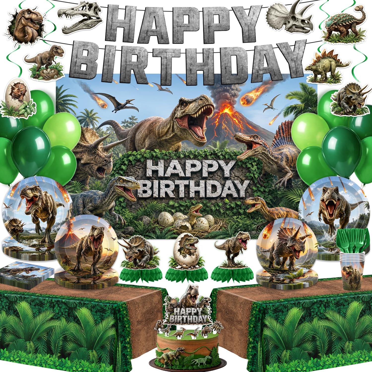 182 Pcs Dinosaur Birthday Party Decorations (Serves 24), Dino Party Decorations Include Banner Hanging Plates Napkins Cups Forks Knifes Tablecloth Topper Balloons for Party